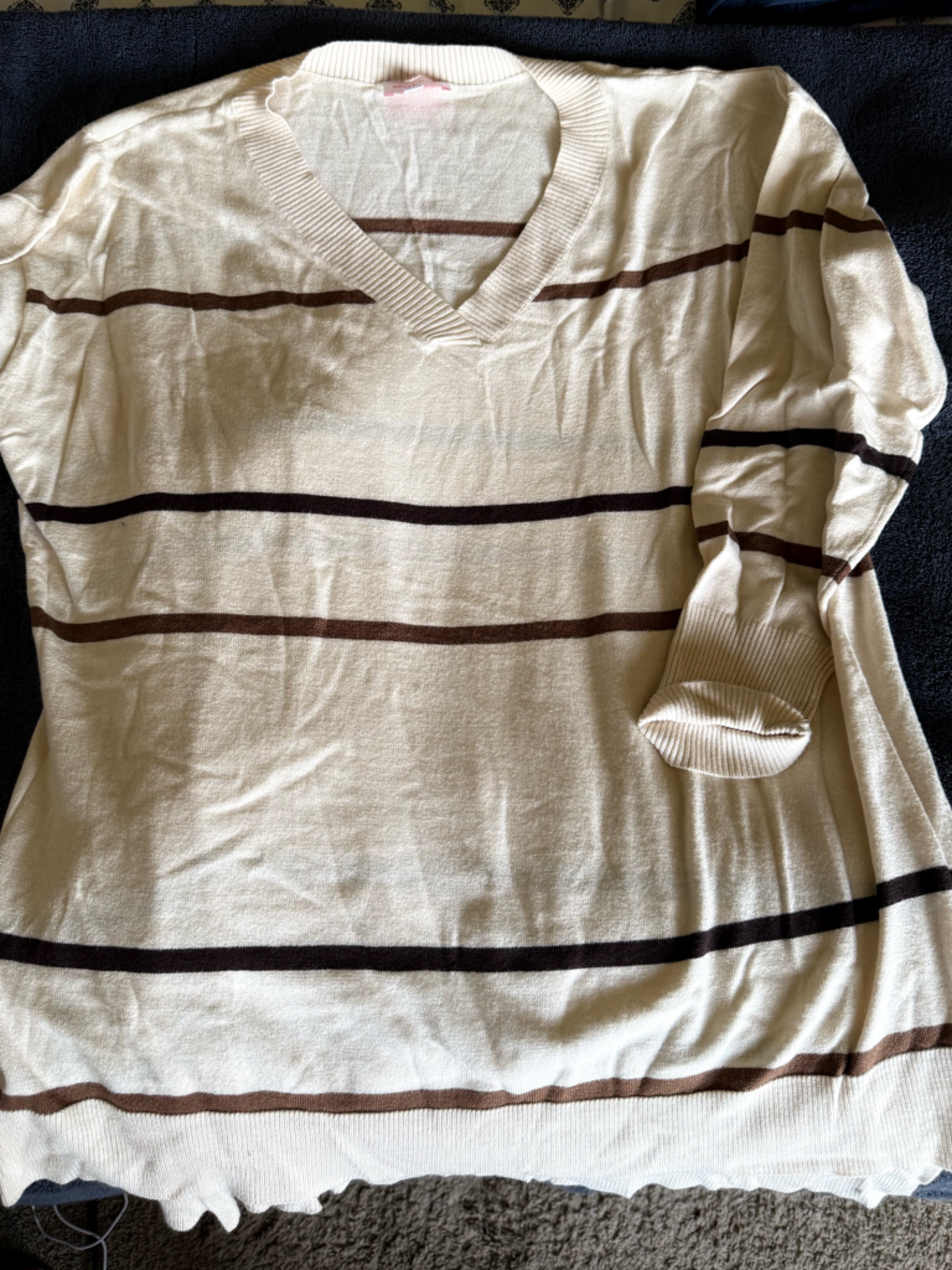 Cream V-Neck Sweater With Brown Stripes
